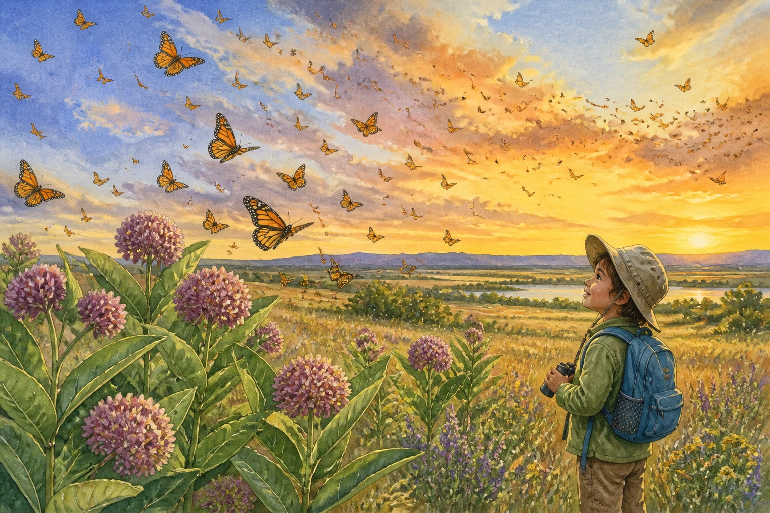 オオカバマダラ。a wide habitat establishing scene with the insect and a small child explorer observing from a safe distance